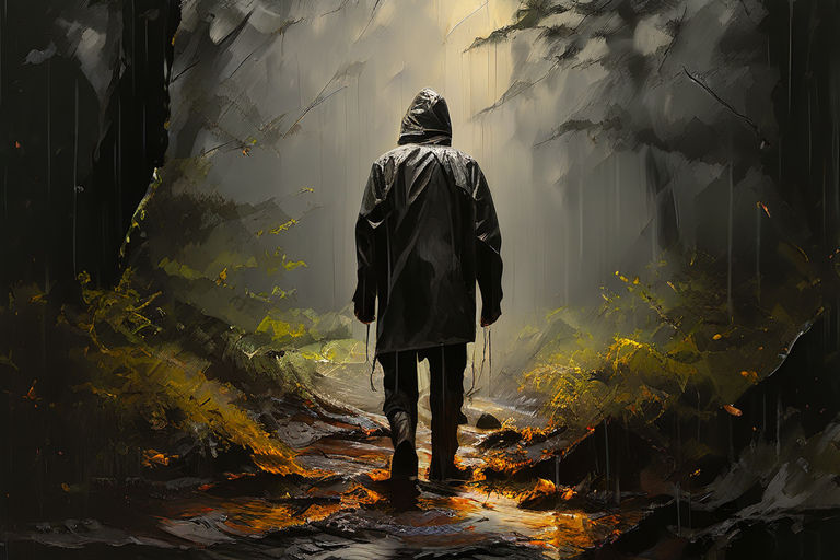 KI-generiertes Bild von einer männlichen Figur, die durch den Wald geht.