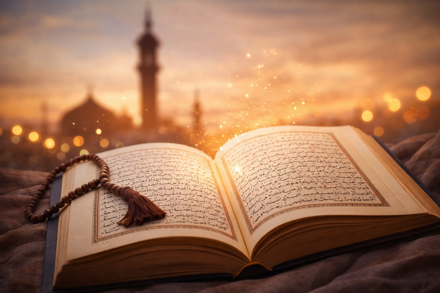 Symbolbild: Geöffneter Quran mit Gebetskette — erstellt mit ChatGPT