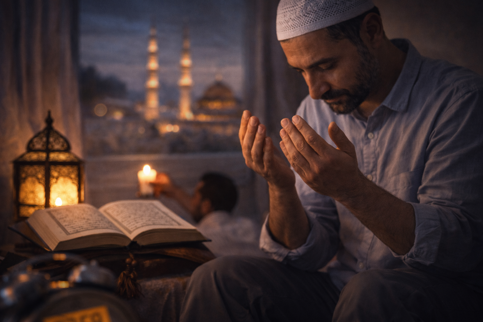 Symbolbild zeigt einen Mann, der in der Ramadan-Nacht ein Bittgebet aufsagt. Erstellt mit ChatGPT.