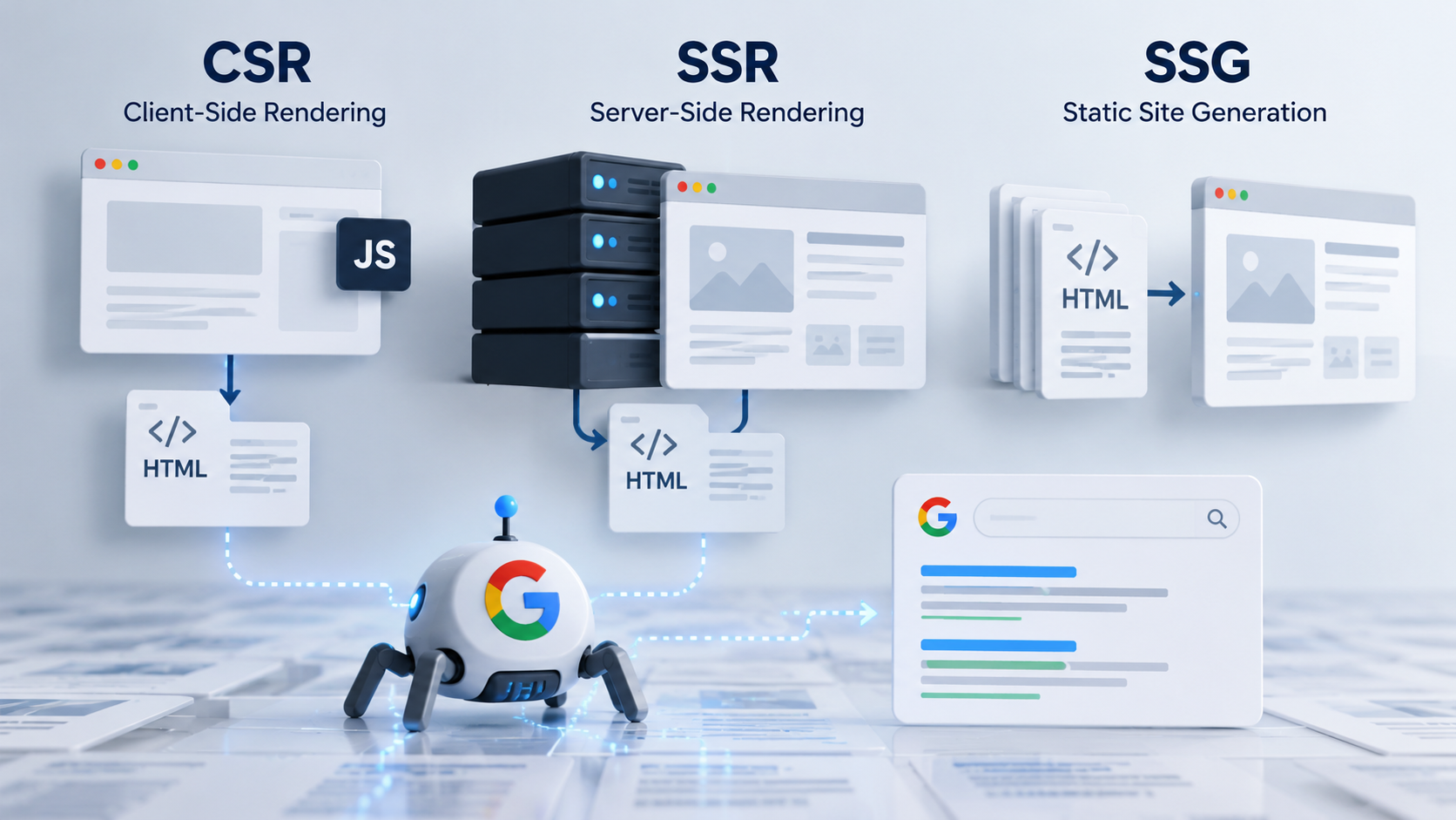 Illustration der drei Rendering-Modelle CSR, SSR und SSG mit Browsern, Servern und HTML-Dateien sowie Googlebot zur Darstellung ihrer Bedeutung für Crawling und Indexierung im SEO.