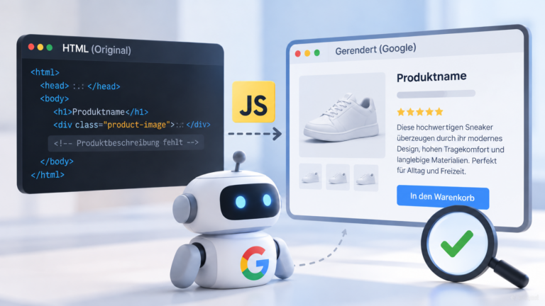 Vergleich zwischen ursprünglichem HTML-Code ohne Produktbeschreibung und einer durch JavaScript gerenderten Produktseite, die Googlebot auswerten kann.