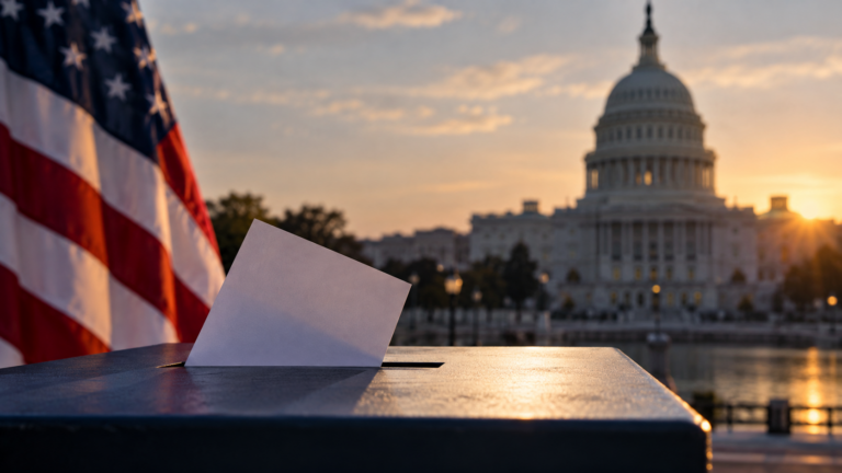 Symbolbild: Eine Wahlurne vor dem Kapitol in Washington, D.C. – die US-Midterms 2026 entscheiden über die Machtverhältnisse im Kongress. – erstellt mit ChatGPT.